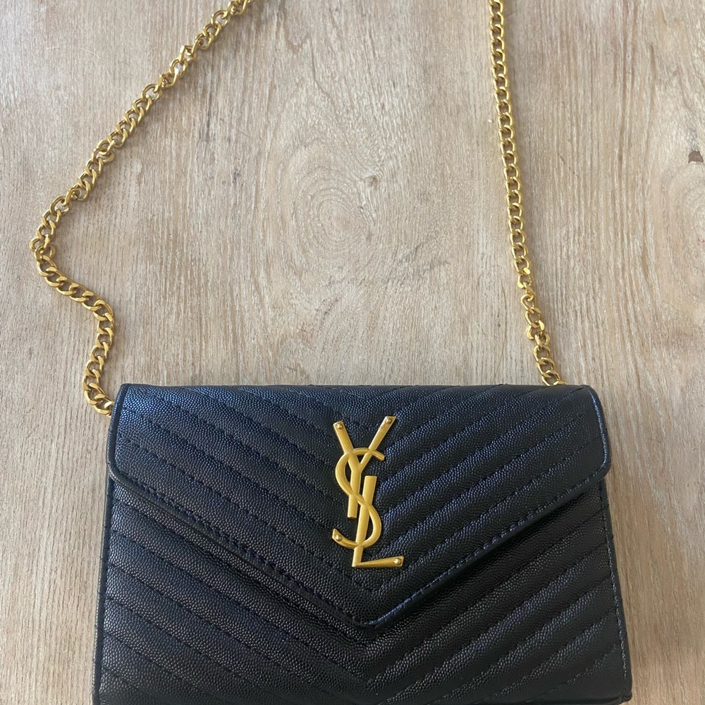 Black Chevron Leather Crossbody with Gold Chain